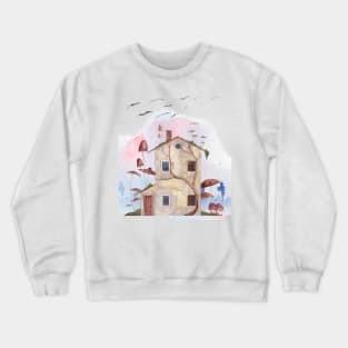 Cute House and Giant Mushrooms Fantasy Illustration Crewneck Sweatshirt